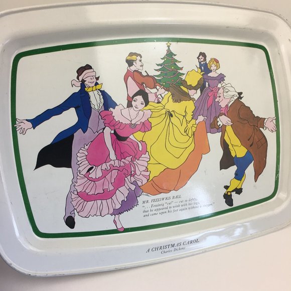 Vtg Christmas Carol Charles Dickens White Tin Tray‎ Decor Characters Holiday - Picture 6 of 9
